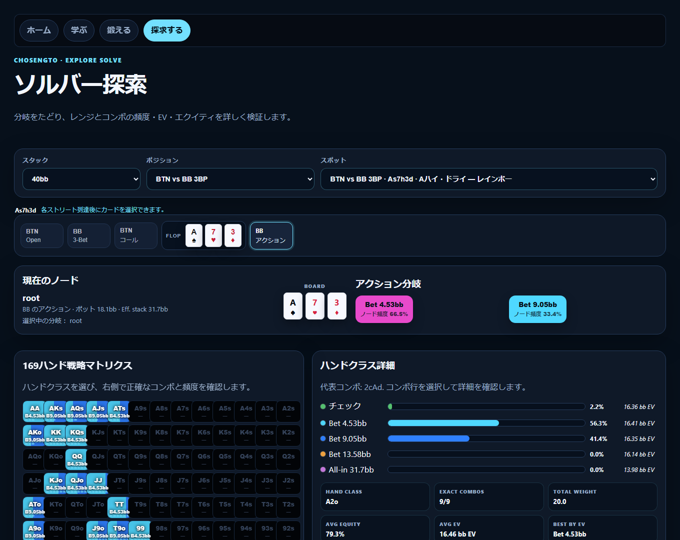 日本語表示のChosenGTOソルバー探索画面