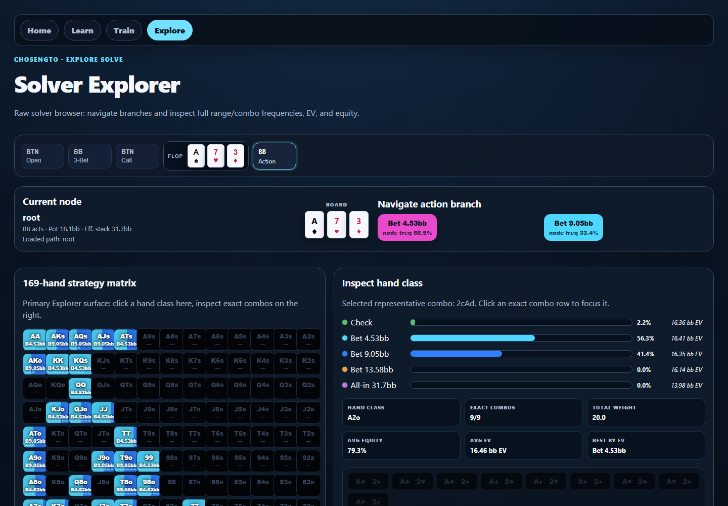English ChosenGTO Solver Explorer interface